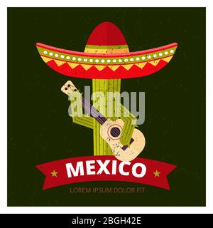 Cute musician cactus in sombrero poster design - grunge mexican vector logo illustration Stock Vector