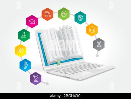 A laptop with a book to learn various fields of science. The concept of e-learning. Stock Vector