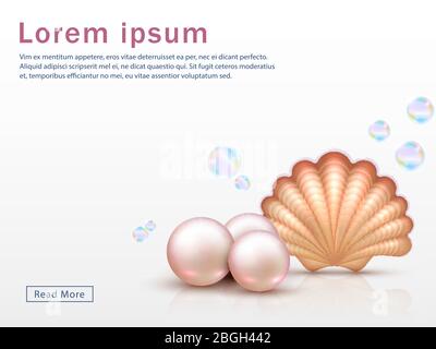 Web page template with realistic shell and pearls and colorful bubbles. Vector seashell background. Illustration of pearl and shell undersea Stock Vector