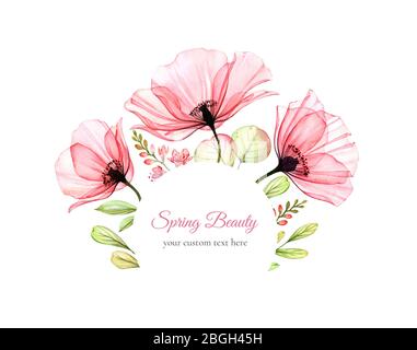 Watercolor round floral frame. Bouquet with big three poppy flowers, leaves and place for text. Hand drawn botanical Card template. Spring background Stock Photo