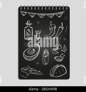 Hand drawn mexican food and drinks set on black notebook page. Vector illustration Stock Vector