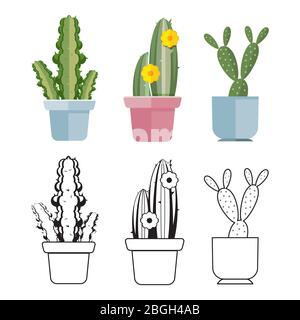 Hand drawn and colored cartoon flat cactus of set. Vector illustration Stock Vector