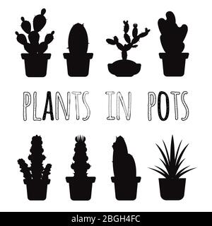 Vector home plants cactus in pots black silhouettes of set illustration Stock Vector