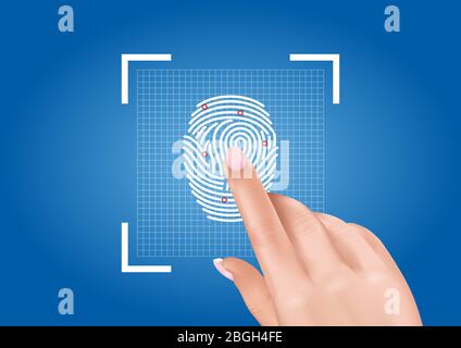 Vector graphics depicting the scanning of fingerprints ensuring access to security thanks to biometric identification. Stock Vector