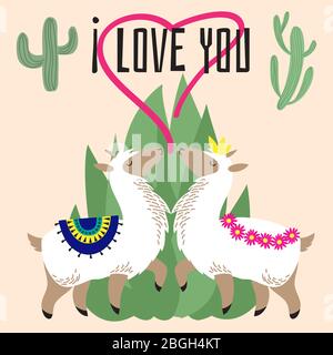 Cute cartoon alpaca in love - mexican lama card design. Vector illustration Stock Vector
