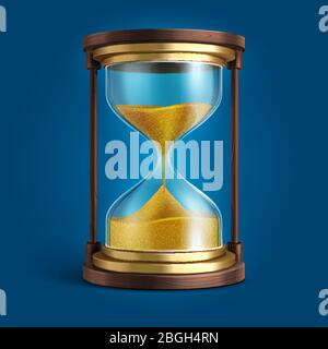 Realistic hourglass, sand clock timer vector illustration. Time and hourglass, glass timer with sand Stock Vector