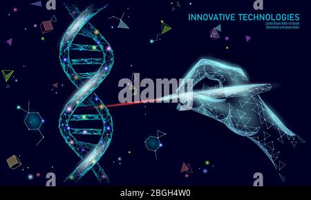 DNA 3D structure editing medicine concept. Low poly polygonal triangle gene therapy cure genetic disease. GMO engineering CRISPR Cas9 innovation Stock Vector