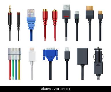 Cable wire computer video, audio, usb, hdmi, network and electric conectors and plugs vector set isolated. Socket and wire, connector usb and audio. Vector illustration Stock Vector