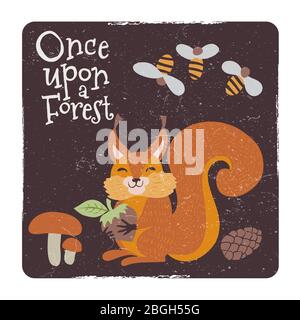Once upon a forest vintage card design. Cute squirrel with nut and mushrooms and bee. Vector illustration Stock Vector