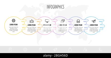 Business diagram with 6 circular elements and icons. Vector flat concept of six business options to choose from. Infographics modern design for flowch Stock Vector