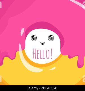 Cute hello card with glazed donut and cartoon eyes. Vector illustration Stock Vector