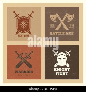 Vintage warrior sword and shield labels of set grunge effect. Vector illustration Stock Vector