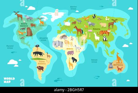 Cartoon world map with animals, oceans and continents. Funny geography for kids education vector illustration. World planet, africa and asia, america and australia Stock Vector