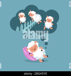 Counting sheep to sleep at night. Jumping lamb to happy dream cartoon vector illustration. Cute animal in sleep cloud Stock Vector
