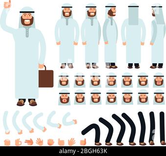 Young arab man in traditional islamic saudi clothes. Vector character creation set with face in different emotions and body parts. Arab muslim male, islam cartoon man illustration Stock Vector