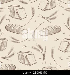 Hand drawn wheat and bread seamless pattern. Vector bakery texture design illustration Stock Vector