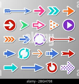 Website right arrow stickers. Directional arrows signs. Progress arrow vector symbols. Sticker right arrow, indicator circular set of arrows Stock Vector