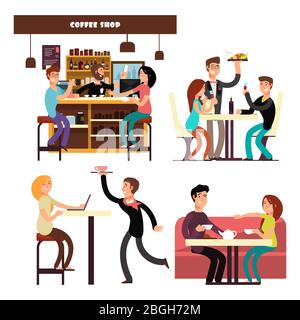 Cafe, coffee shop, restaurant with meeting and drinking coffee people vector. Cartoon character happy people eating, grinking and working in cafe illustration Stock Vector