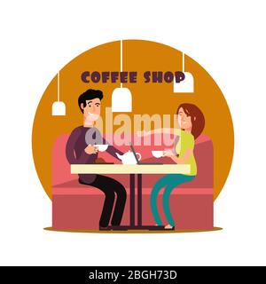 Happy young couple working in coffee shop. Freelancers drinking tea with notebook in cafe vector illustration Stock Vector