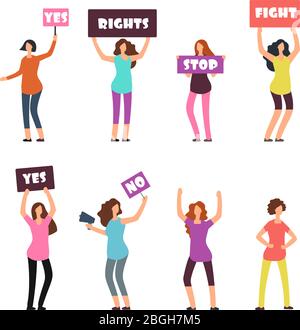 Cartoon women protesters, feminism, womens rights and protest vector concept. Female international rights, freedom woman illustration Stock Vector
