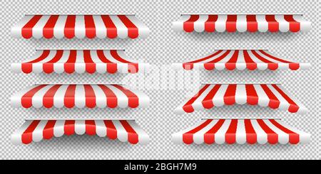 Red and white sunshade. Outdoor awnings for cafe and shop window isolated vector set. Tent sunshade for market, stripe summer scallop for store illustration Stock Vector