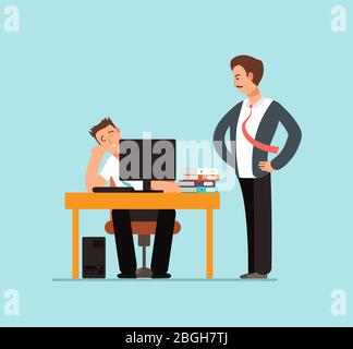 Bored lazy worker at desk behind computer and angry boss in office vector illustration. Lazy character in office, worker at computer and boss Stock Vector