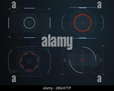 Futuristic helmet hud screens cockpit view. Glowing visual display vehicle technology. Interactive interface control vector panels. Future virtual viewfinder, view frame futuristic game ui Stock Vector