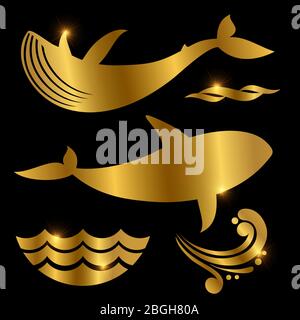 Golden whale and waves vector silhouettes isolated on black background illustration Stock Vector