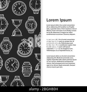 White doodle sketch watches, alarm clocks banner template. Vector illustration Stock Vector
