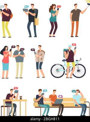 People using cellphone, mobile internet and smartphone addiction vector concept. Cartoon vector characters isolated. Man and woman using smartphone illustration Stock Vector