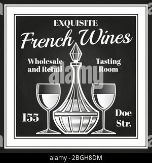 Engraving style wine label vector design. Chalkboard sketch of decanter and wine glasses. Tasting room and exquisite drink in decanter illustration Stock Vector