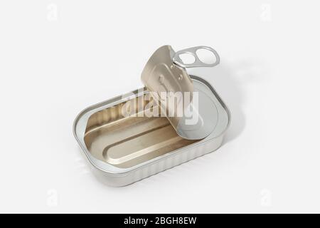 Empty tin can isolated on a white background. Metallic Food container Stock Photo