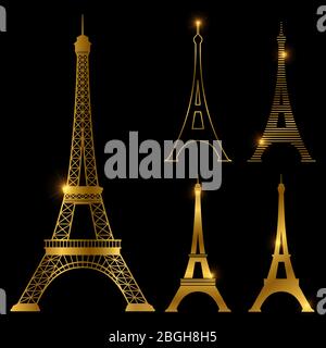 Different golden eiffel tower vector landmark set. Paris symbol icons. France symbol monument in gold style illustration Stock Vector