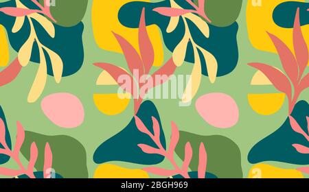 Seamless pattern of Hand drawn various shapes doodle objects, lines and plant leaf foliage background Colorful floral background for patterns. Abstrac Stock Vector
