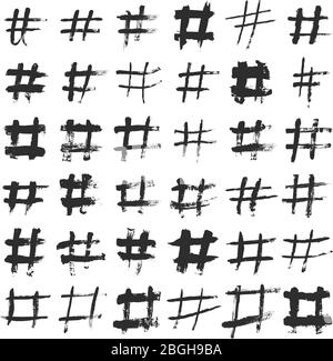 Hashtag and number ink brushed black symbols. Hand drawn hash and pounds vector sign. Illustration of hash tag for network social Stock Vector