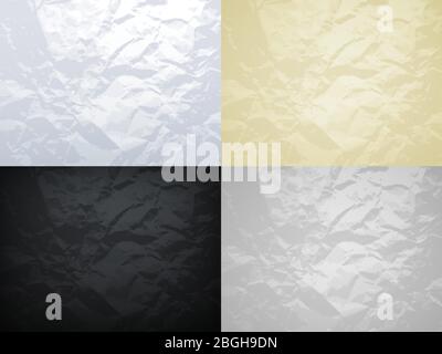 White, yellow, black and grey crumpled paper vector textures set. Crumpled paper texture surface, material page grunge damaged and rumpled illustration Stock Vector