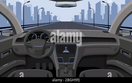 Inside car driver view with rudder, dashboard front panel and highway in windshield cartoon highway vector illustration. Interior of automobile, drive speed car Stock Vector