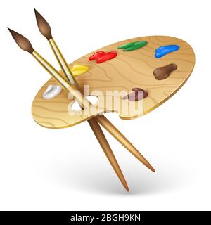Wooden artist palette with paint brushes vector illustration isolated on white background. Wooden,brush and colored palette, painter tools illustration Stock Vector
