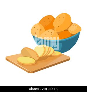 Cartoon potato bowl and cutting board with potato slices vector isolated on white background illustration Stock Vector