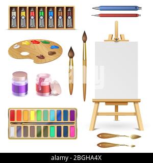 Painting Accessories - Vector Cartoon Illustration. canvas, picture, easel,  paintbrush, brush, color, palette, art, paint, supply, drawing