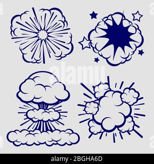Ballpoint sketch explosion clouds isolated on grey background. Vector illustration Stock Vector