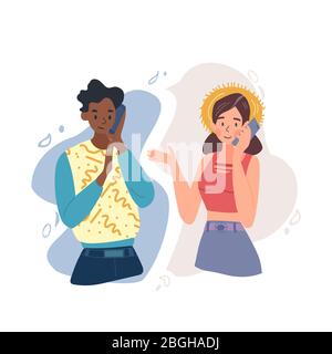 A young couple is talking from different places using a mobile phone. Stock Vector