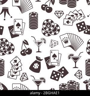 Casino seamless pattern design. Dice, martini, playing cards seamless background. Vector illustration Stock Vector