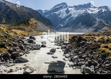 View towards Mueller Lake and Mount Sefton from the Hooker Valley Track, Mount Cook National Park, South Island, New Zealand Stock Photo