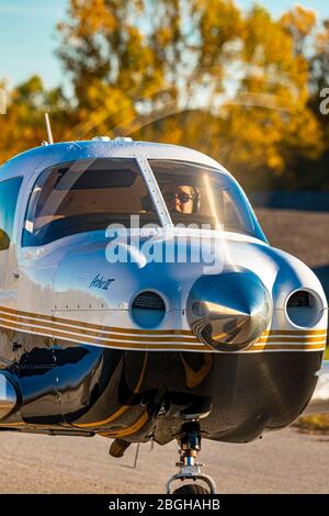 A Piper Archer III taxis by at the Habersham County Airport. Stock Photo