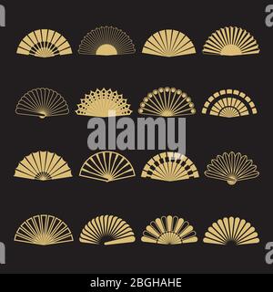 Gold hand fan vector icons. Set of hand fan isolated on black background illustration Stock Vector