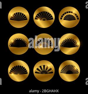 Golden icons with vector hand fans black silhouette of set illustration Stock Vector