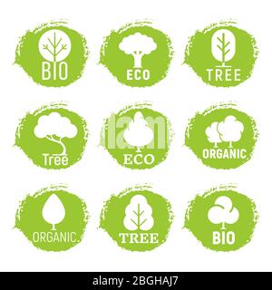 Eco friendly, organic, tree logos on green grunge background. Vector nature ecology symbol of set illustration Stock Vector