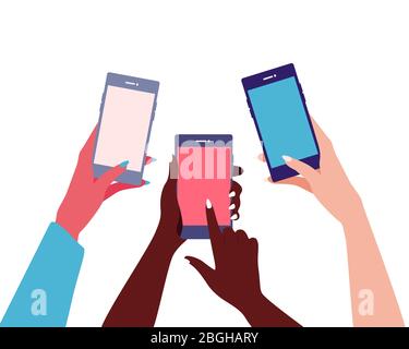 Different female nationality hands hold mobile phones. Stock Vector