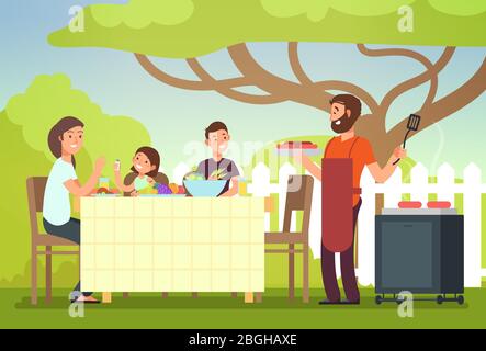 Happy family eating barbecue outdoor. Man, woman and kids cooking and grilling on summer holiday. Barbecue food, summer grill and bbq, picnic cooking illustration Stock Vector